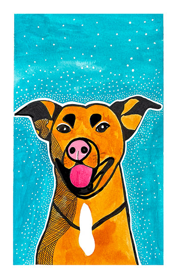 Pop Art Dog with tongue out in front of blue background with white dots. 