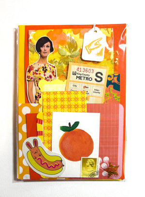 Junk Journal Scrap Pack  Vintage Ephemera package with different shades and textures of Orange and Yellow decorative papers, stickers, picture of woman from 60's pattern book, cancelled stamps, etc. 