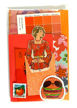 Mystery Ephemera Kit, authentic vintage junk journal kit with different shades and textures of orange decorative papers, stickers, pompoms, cancelled stamps, etc. 