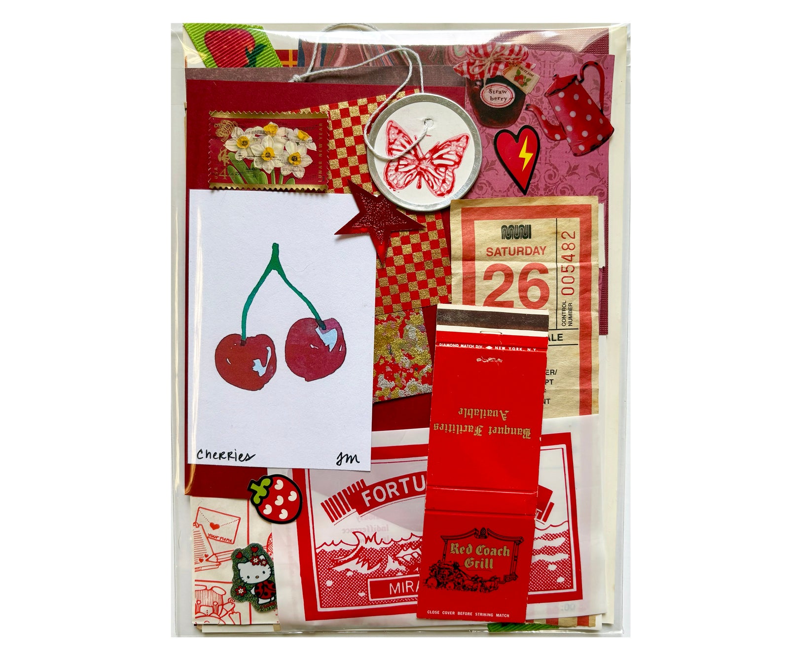 Junk Journal Scrap Pack  Vintage Ephemera package with different shades and textures of Red papers and assorted stickers, matchbook covers, bus transfers, cancelled stamps, etc. 