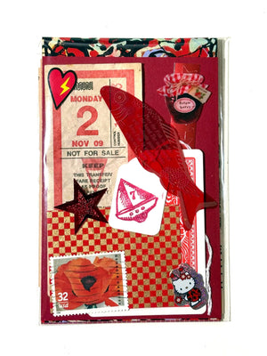 Mystery Ephemera Kit, authentic vintage junk journal kit with different shades and textures of red decorative papers, stickers, pompoms, cancelled stamps, etc. 