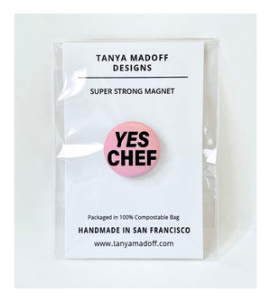 Yes Chef one inch super strong fridge magnet, shown packaged in compostable clear bag.