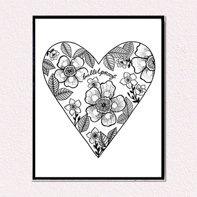 Bulletproof Heart with Flowers Print, 8x10 black and white