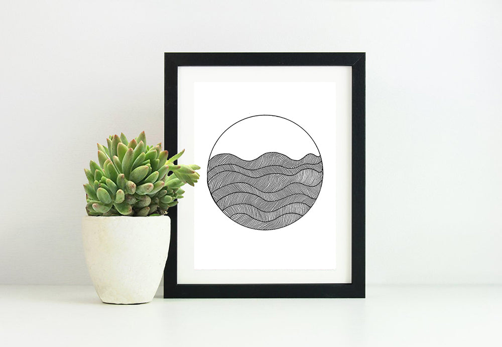 Framed Circle Waves 8x10 Modern Art Print in Black and White, by Tanya Madoff