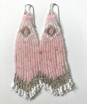 Handmade Pink Seed Bead Fringe Earrings - Art Deco Style with antique blush, white and silver beads