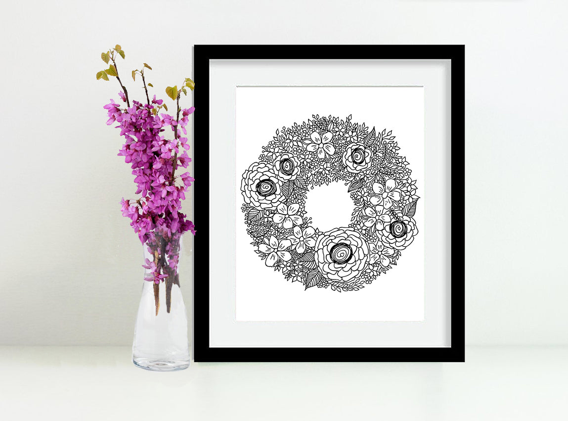 Framed Flower Wreath Art Print, Black and White, by Tanya Madoff