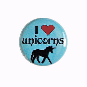 I ♥ (love) Unicorns - 1" Pin or Magnet in Blue or Pink