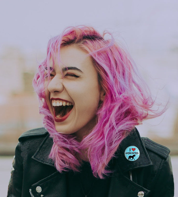 I ♥ (love) Unicorns - 1" Pin or Magnet in Blue or Pink