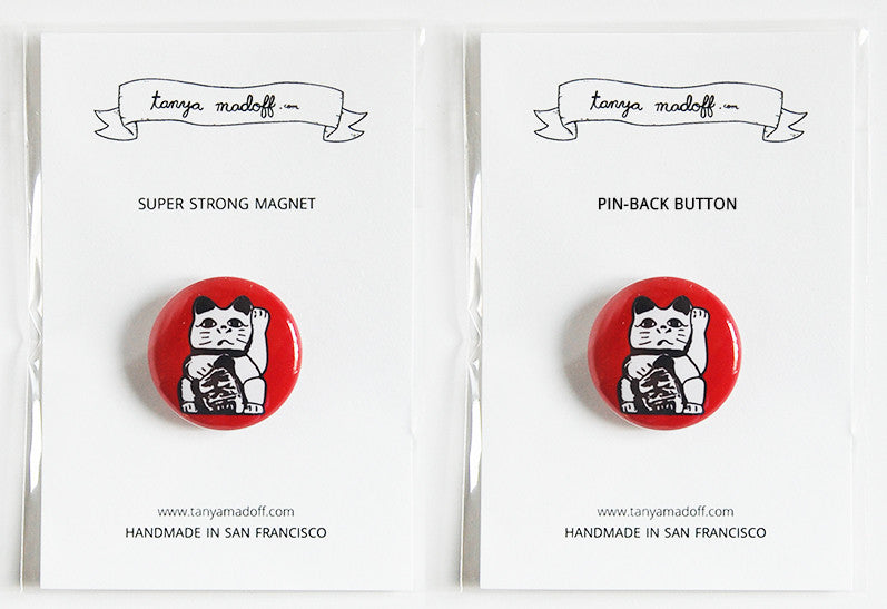 Lucky Cat, Maneki Neko - 1" Pin Back Button or Magnet, red background