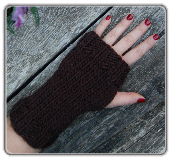 Outer Sunset Fingerless Mitts - Chocolate Brown, Knitted by Hand
