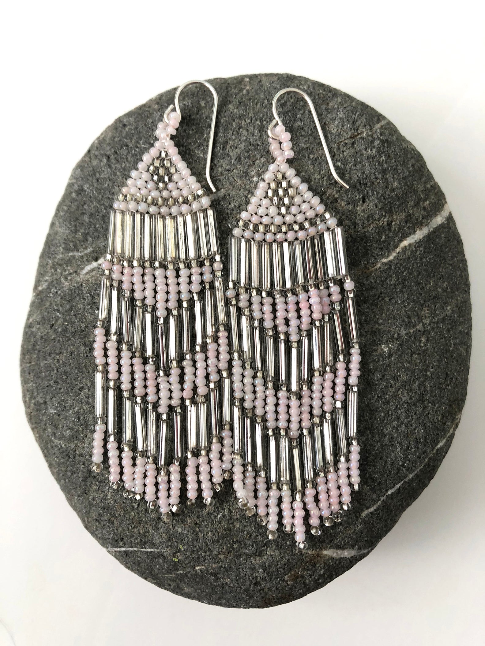 Handmade Pink Seed Bead Fringe Earrings - Vintage Pink Art Deco , White, Silver and Mirror beads