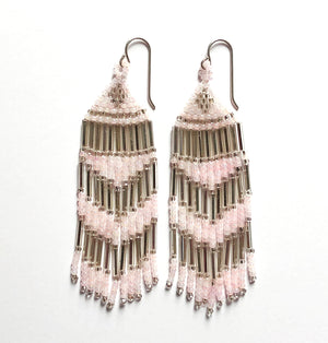 Handmade Pink Seed Bead Fringe Earrings - Vintage Pink Art Deco , White, Silver and Mirror beads