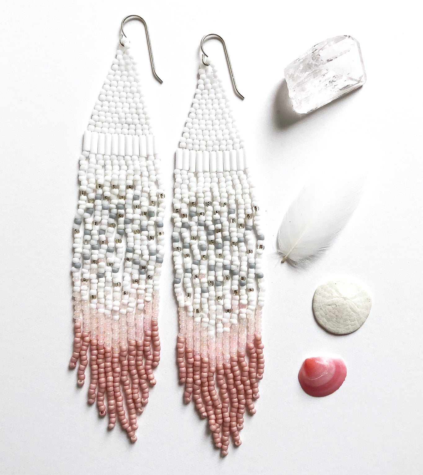 Extra long Handmade Seed Bead Fringe Earrings - blush pink, white and silver vintage beads combined with matte gray and pink