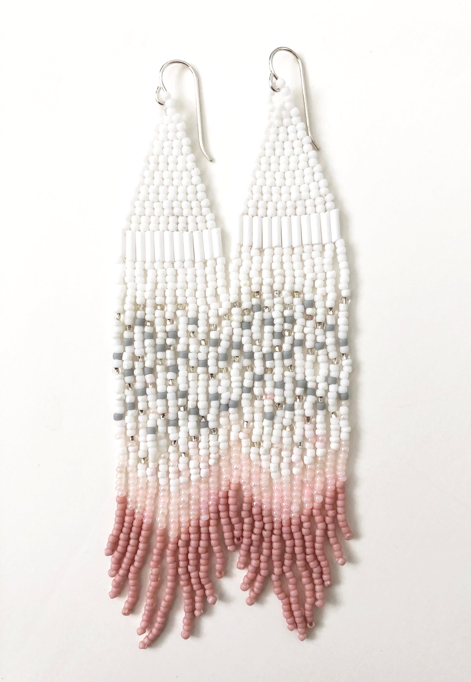 Extra long Handmade Seed Bead Fringe Earrings - blush pink, white and silver vintage beads combined with matte gray and pink