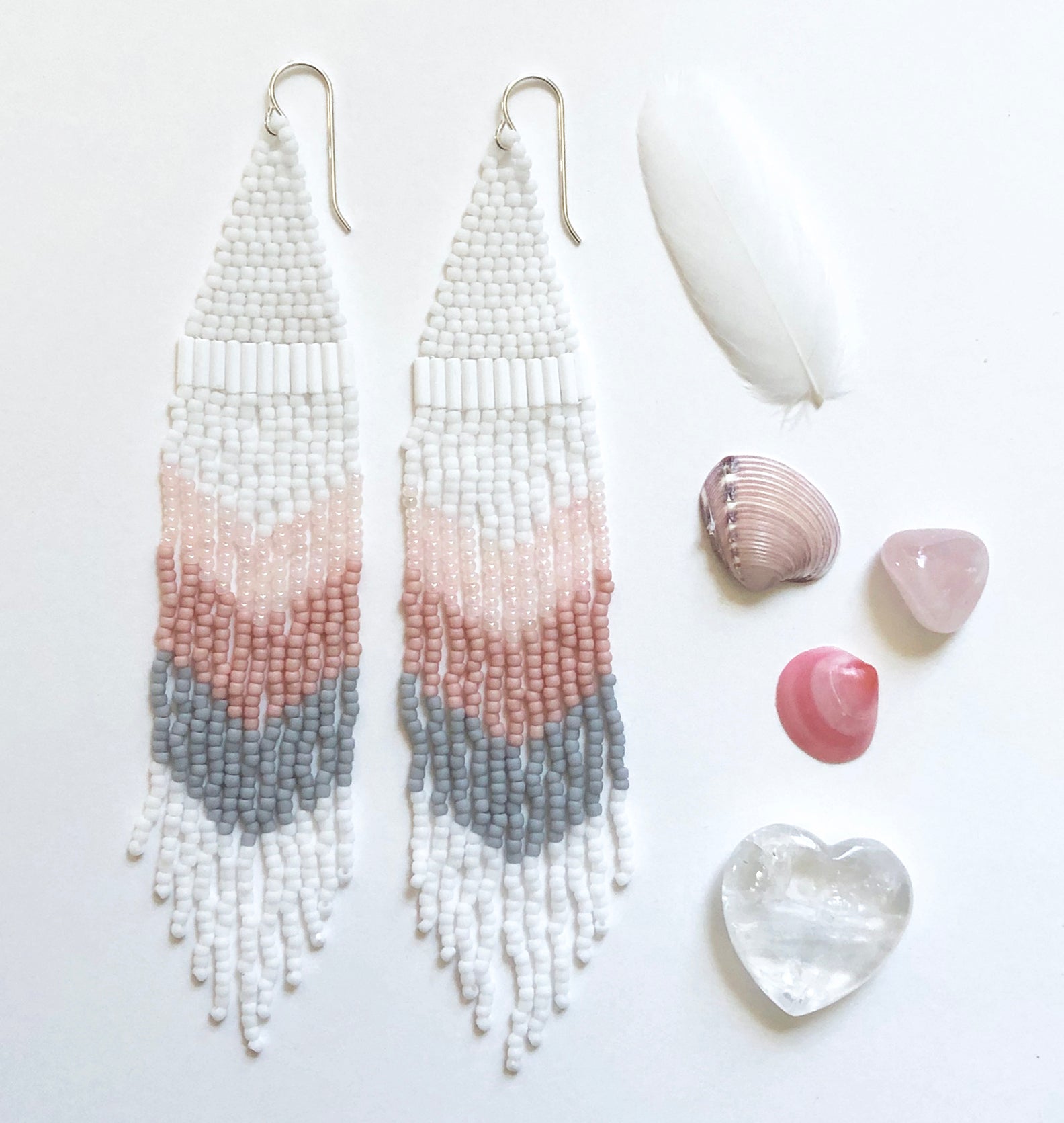 Extra long Handmade Seed Bead Fringe Earrings in chevron pattern with shimmering blush vintage beads and matte white gray and pink. 