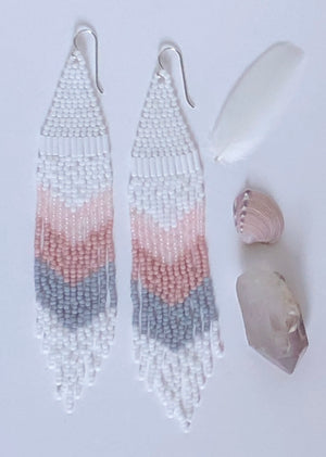 Extra long Handmade Seed Bead Fringe Earrings in chevron pattern with shimmering blush vintage beads and matte white gray and pink. 