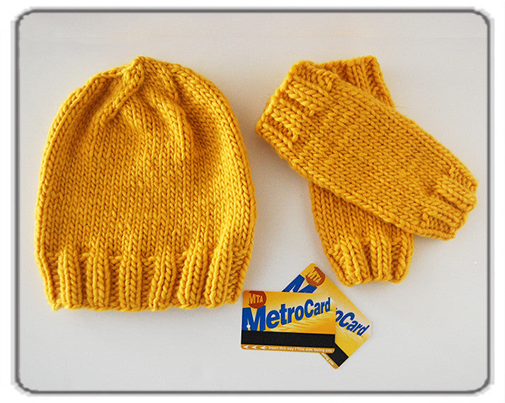 Outer Sunset Hat and Fingerless Mitts - Sunshine Yellow, Knitted by Hand