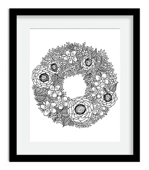 Framed Flower Wreath Art Print, Black and White, by Tanya Madoff