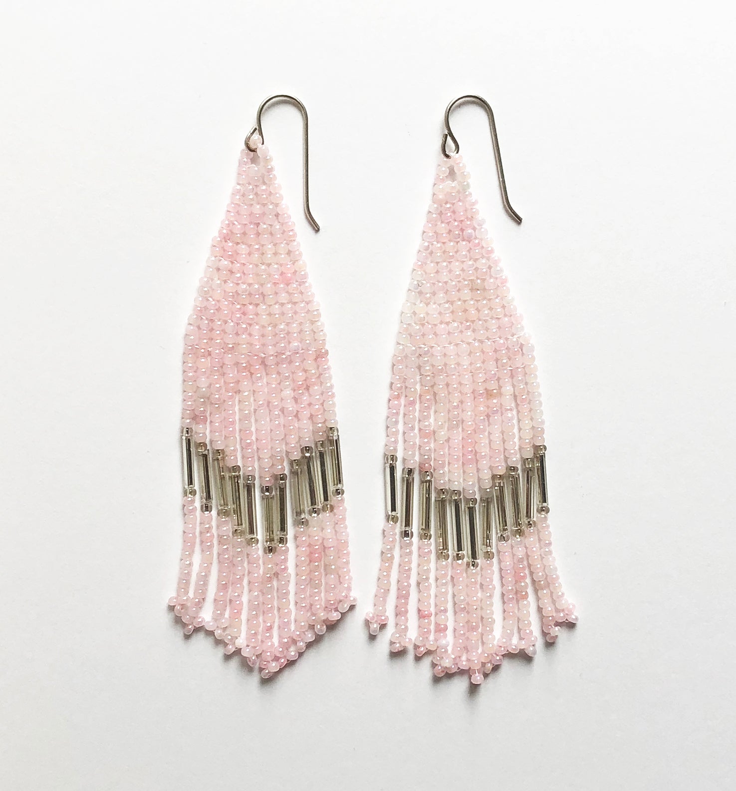 Handmade Seed Bead Fringe Earrings - Pink Art Deco Style with Antique Mirror Beads, shown in bright light