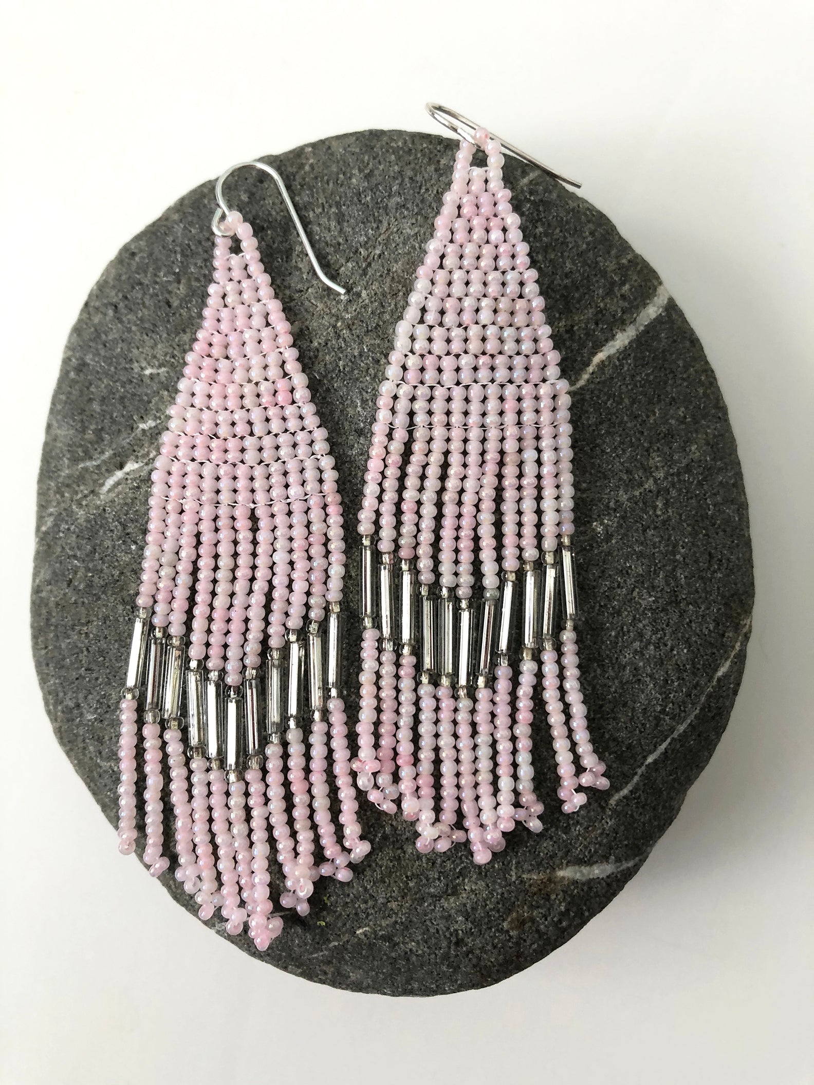 Handmade Seed Bead Fringe Earrings - Pink Art Deco Style with Antique Mirror Beads